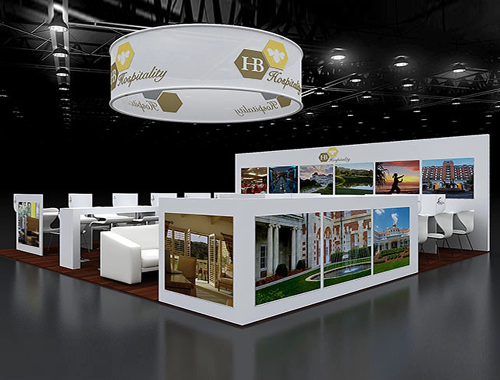Exhibit booth 30x30 with LED signage and counters